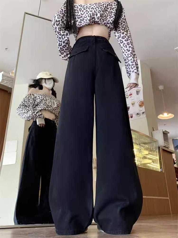 Women's Plus Size Black A-line Wide-Leg Jeans - Autumn/Winter Slimming Loose Fit for Pear-Shaped Figures