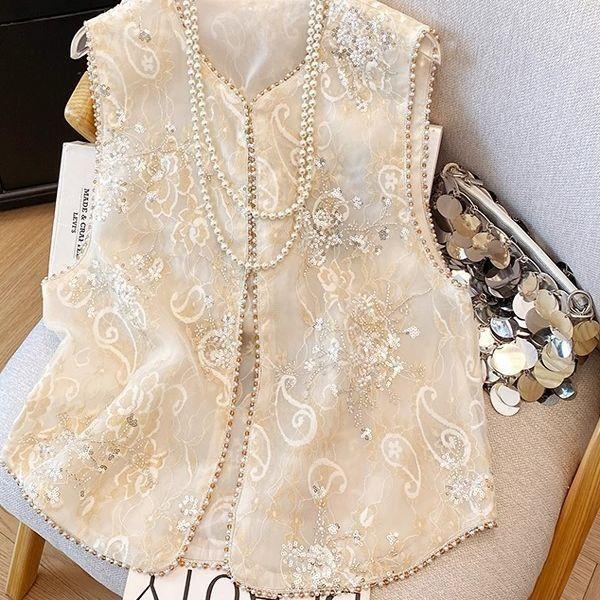 

2025 новый стиль летняя вышивка тонкий жилет с пайетками и бисером топ M (under 50kg recommended)