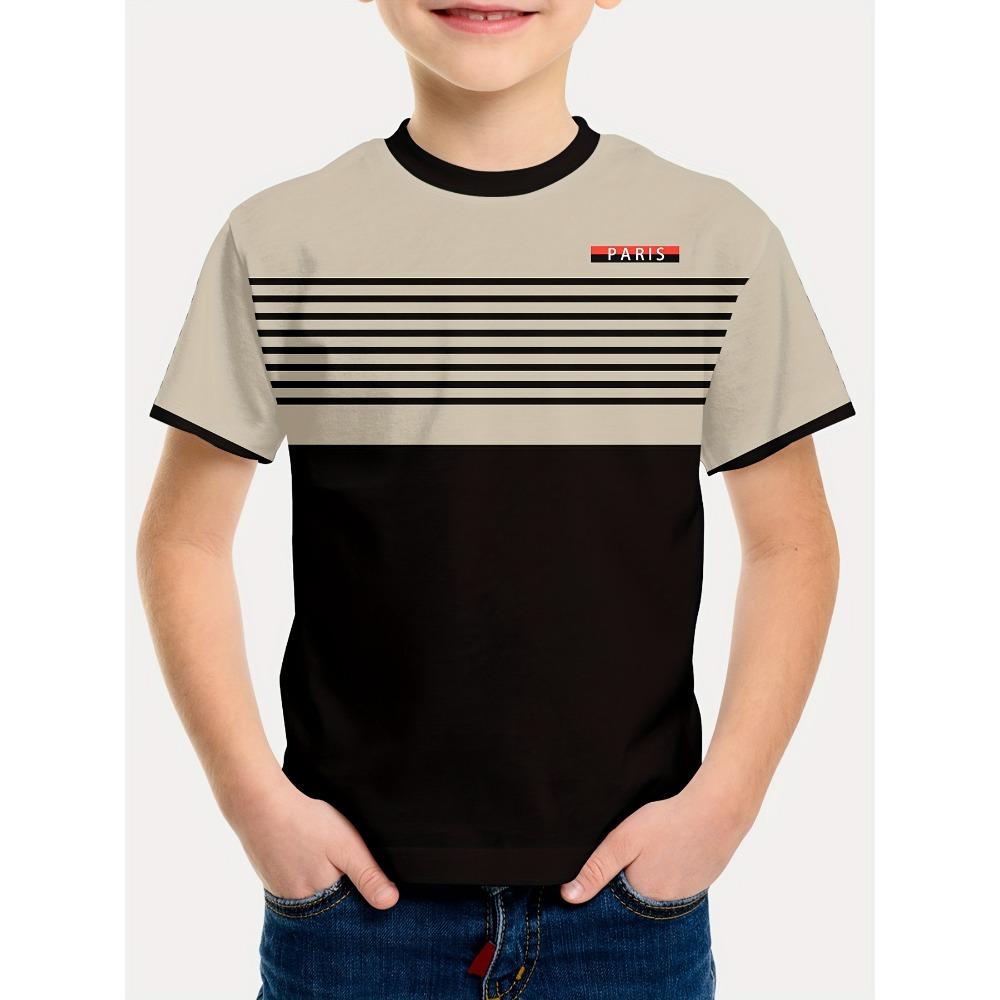 Boys fashionable striped Paris letter 3D printed summer round neck short sleeved T-shirt, casual lightweight and comfortable top 140