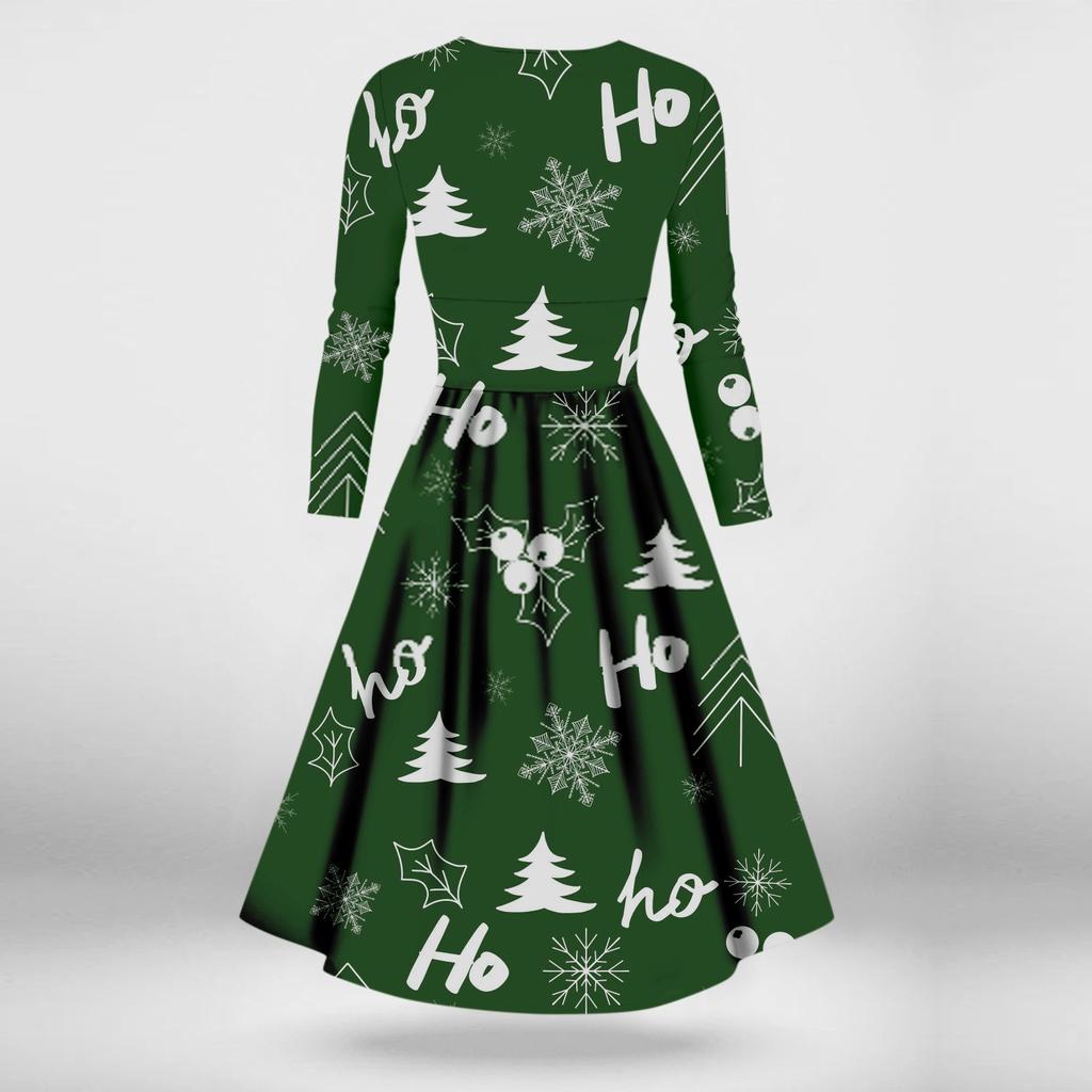 Women's Casual And Fashionable Christmas Printed Long Sleeved V-neck Sexy Dress