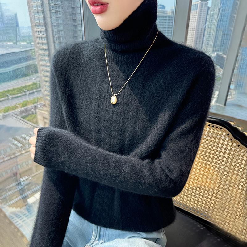 Women's High Neck Cable Knit Wool Sweater - Slimming Long Sleeve Cashmere Top