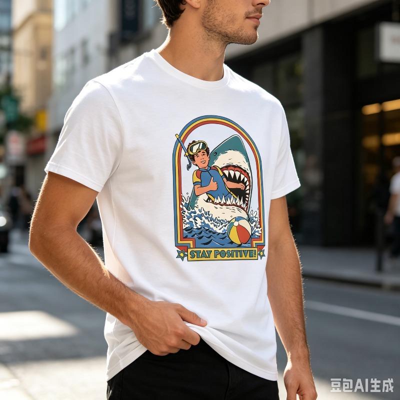 Stay Positive Shark Beach Tshirt For Unisex Retro Surf Art Print Casual Streetwear Basic Short Sleeve Tee