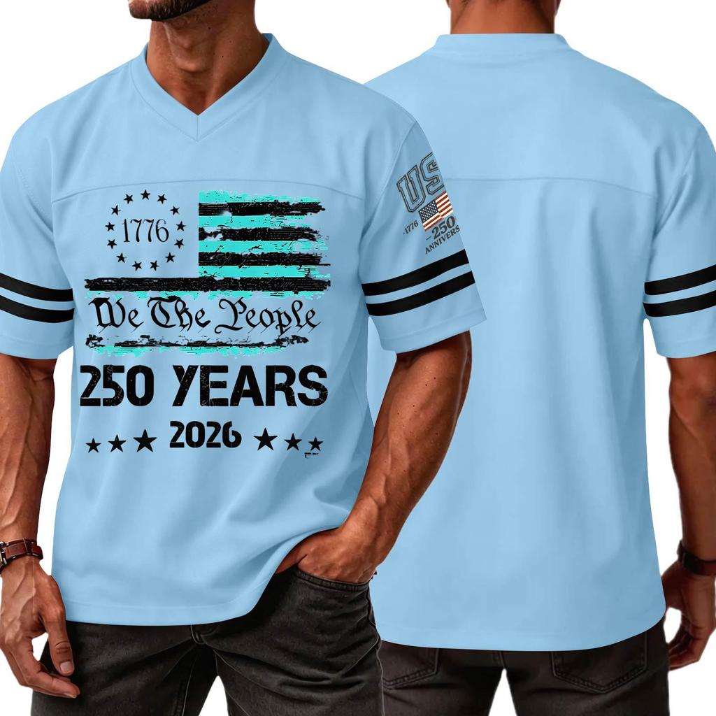 Men’s Casual V Neck Short Sleeve Jersey Style T Shirt with 250 Years Independence Day Print Athletic Fit Comfortable Top