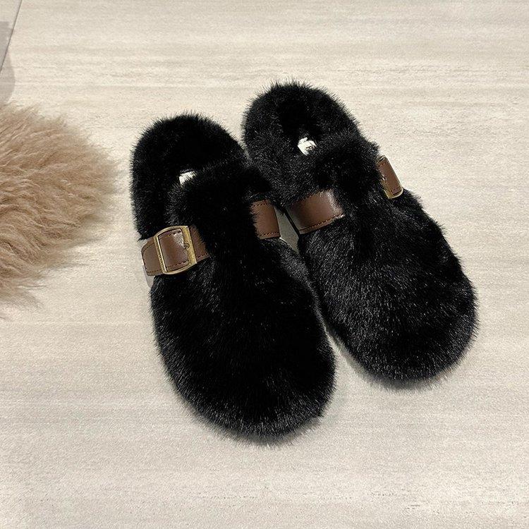 

Mao Mao slippers women s outer wear 2025 new autumn and winter one-pedal high-end mink plush cotton slippers 35 чёрный