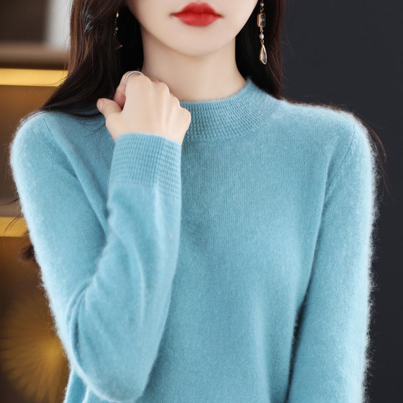 Women's Cashmere Sweater - Autumn/Winter, Solid Color, Loose Pullover, Half-High Collar, Korean Style, Long Sleeve Knit Wool Base Layer.