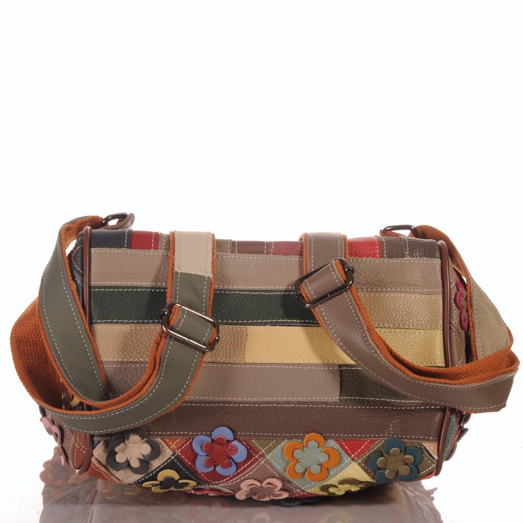 Damski skórzany plecak – Patchworkowy kwiatowy design ze sznurkiem