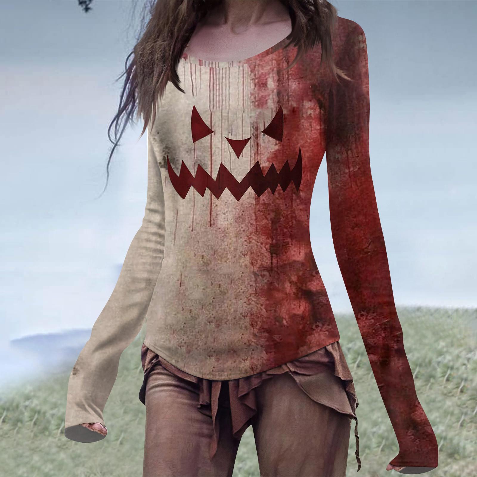 Рубашка с кровавым принтом на Хэллоуин, женская, с длинным рукавом и круглым вырезом, забавный узор ужасов, свободная, повседневная, осенняя рубашка L красный