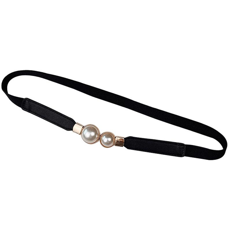 Women Double Pearl Belt Pu Leather Dress Skirt Waist Elastic Thin Belts