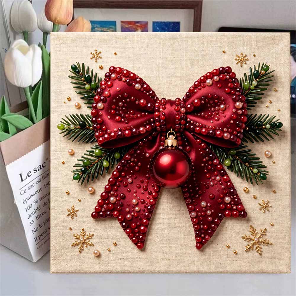 DIY 5D Pearl Painting Kit Framed with Red Christmas Bow Ornament Sparkling Bead Canvas Art Creative Gift for Holiday Room Decor