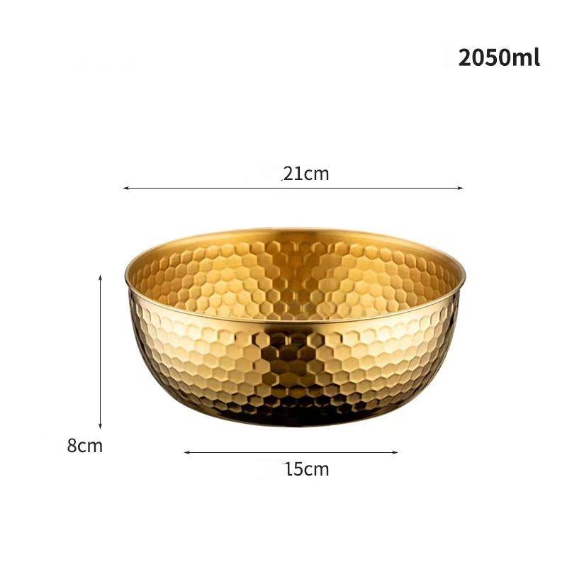 Stainless Steel Salad round Bowl Hammered Texture Gold Japanese BIG Large Capacity Fruit Mixing Plate Decorative Dinnerware Set