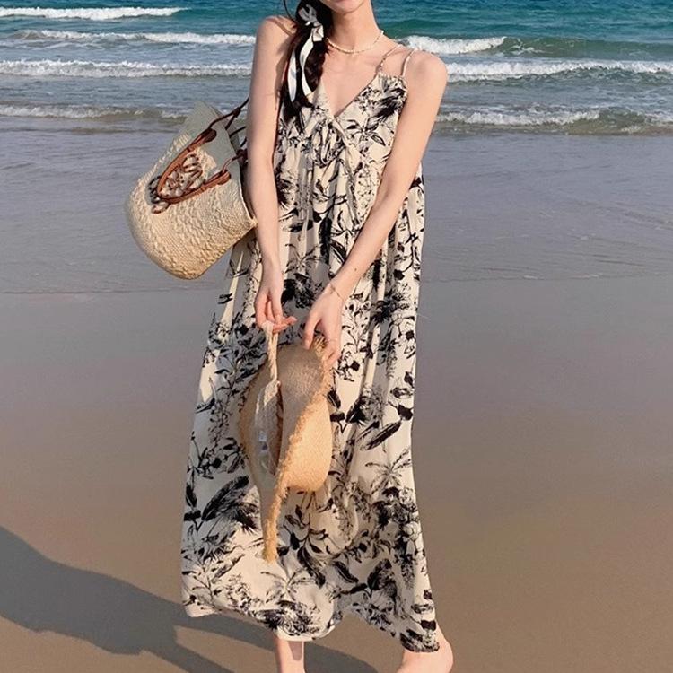 Seaside vacation style French stunning suspender ink printing V-neck summer loose lazy wind knee dress