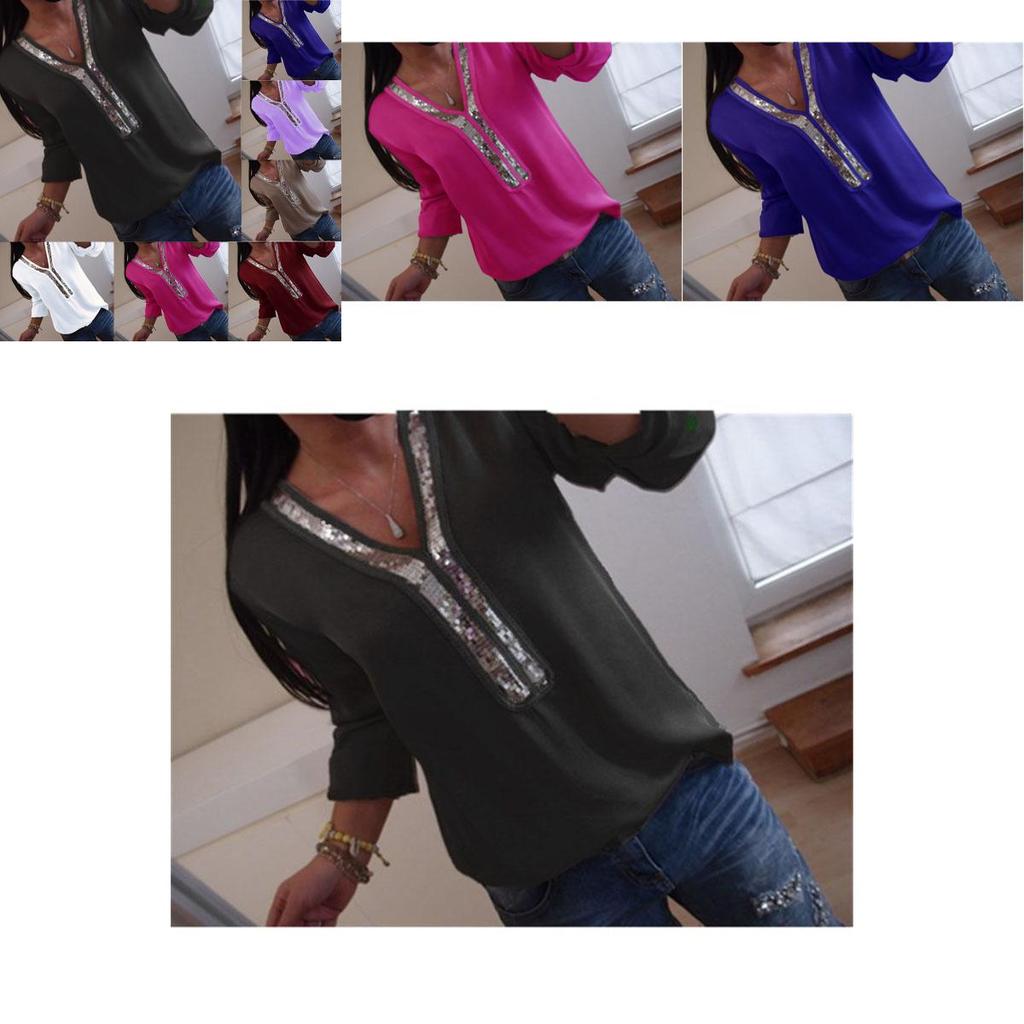Elegante Damen Langarm Pailletten V-Ausschnitt Oberteile Bluse mit lässiger Übergröße