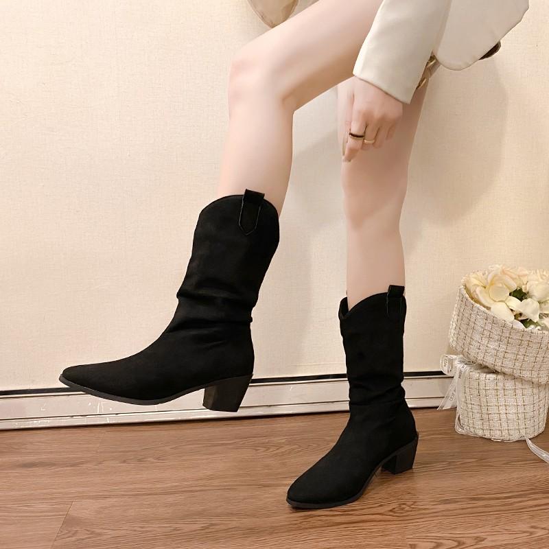 

Fashion New Style High Heels Mid Calf Pleated Boots for Women Autumn Winter Brown Leather Western Boots Woman Thick Heeled Cowgirl Boots 42 чёрный