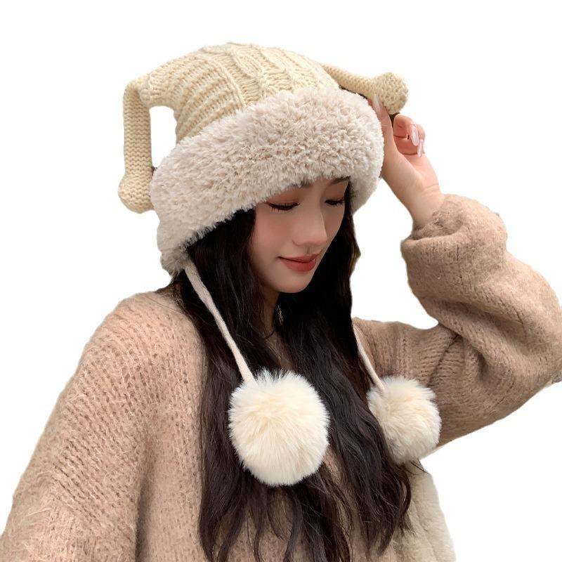New Autumn and Winter Hats for Women Cute Funny Ear Knitted Wool Hats for Winter Warmth and Cold Hair Ball Ear Protection Hat Thick