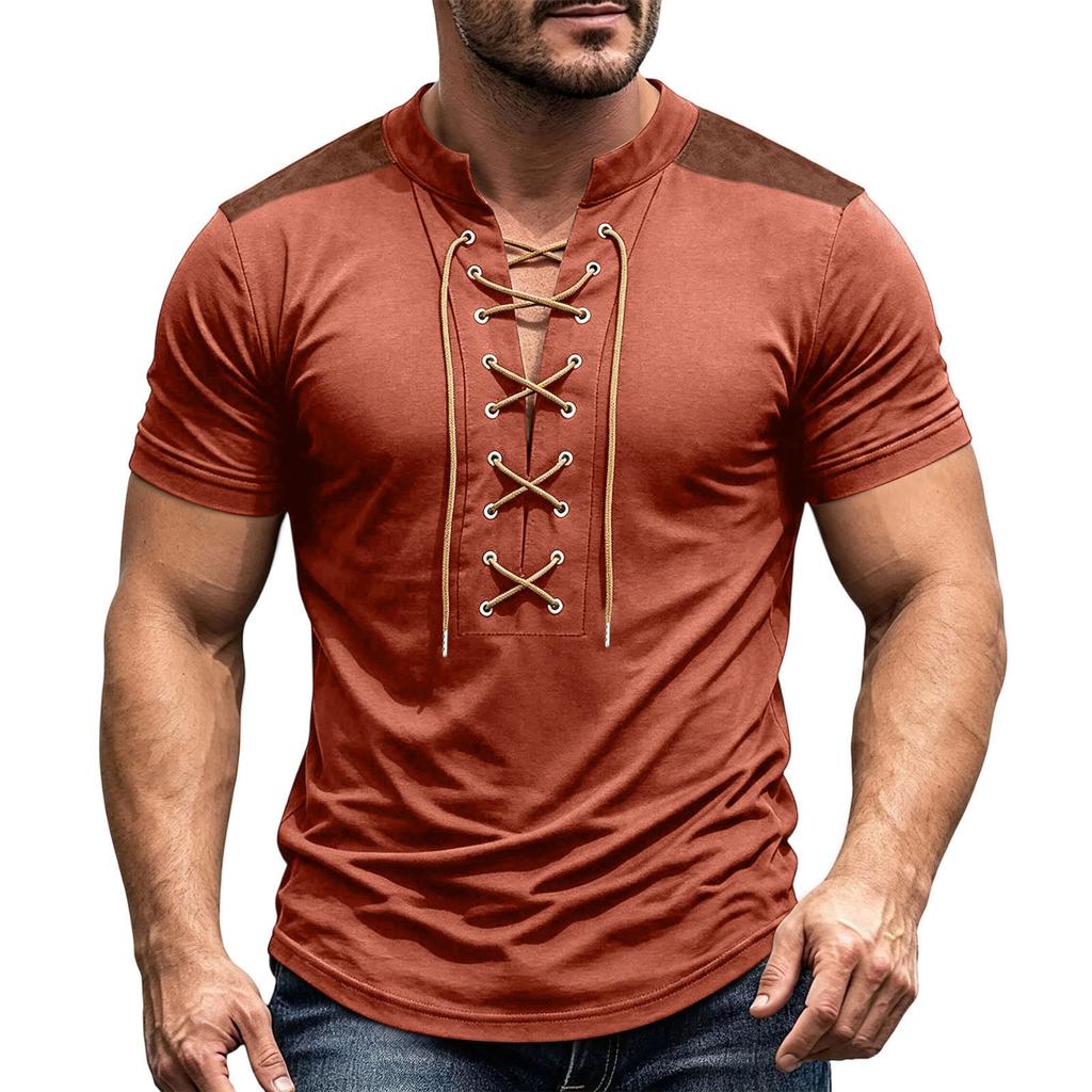 Men's Vintage V-Neck Shirt with Button Placket Short Sleeve Casual Summer Top