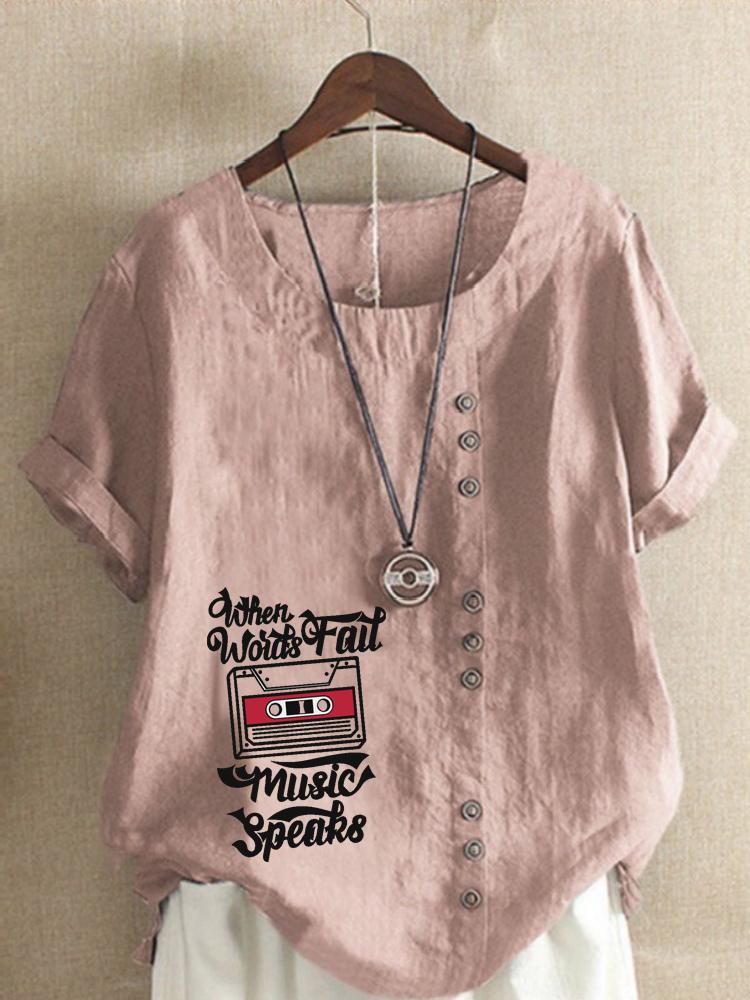 Women s Fashion Letter Print Round Neck Short Sleeve T-shirt Summer Casual Cotton Linen Graphic Shirt Leisure Loose Blouse Tops S