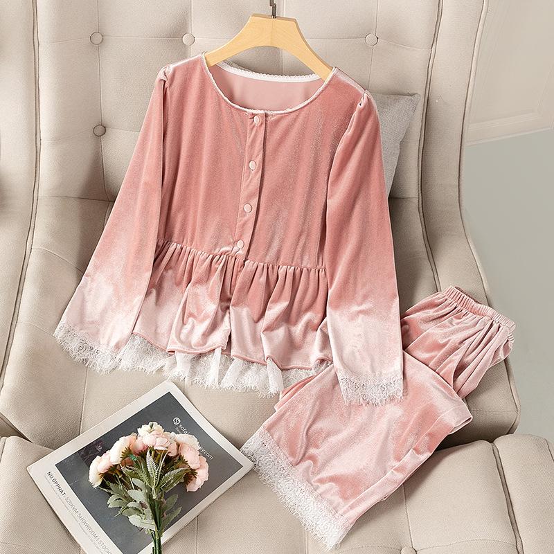 Golden Velvet Pajamas Women's Autumn and Winter Long-sleeved Trousers Two-piece Round Neck Cardigan Home Service Can Be Worn Outside