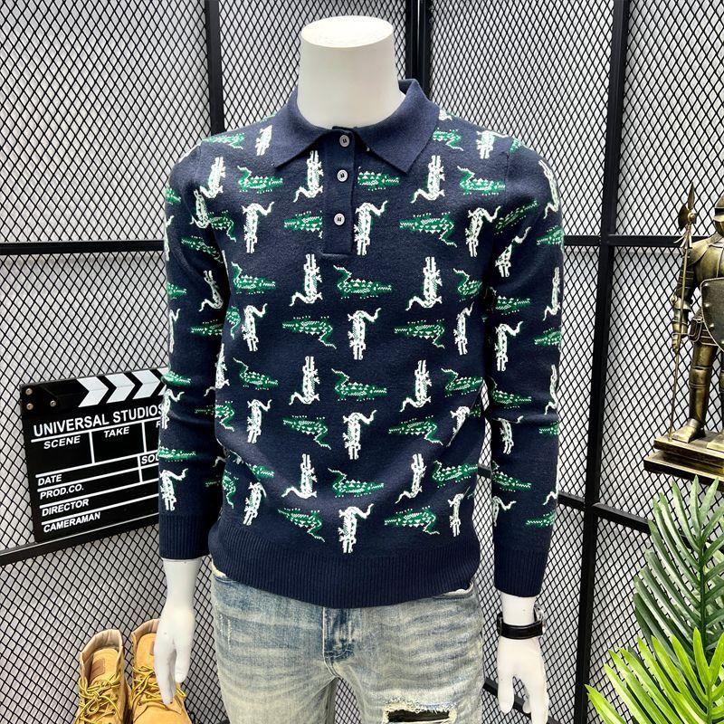 

Fashionable Autumn and Winter New Casual Lapel Sweater Men s Retro Unique Jacquard Slim Long-sleeved Polo Shirt L синій
