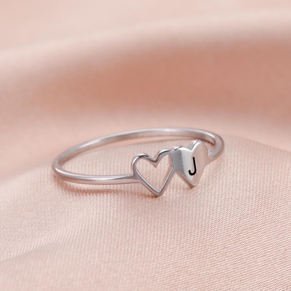Fashion Stainless Steel A-Z 26 Letters Rings Double Heart Hollow Women Ring For Women Charm Wedding Finger Jewelry Gift