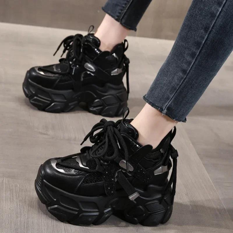 Fashion 10cm Microfiber Genuine Leather Vulcanize Chunky Sneaker Platform Wedge Fashion Spring Shoes Ankle Boots Women Autumn