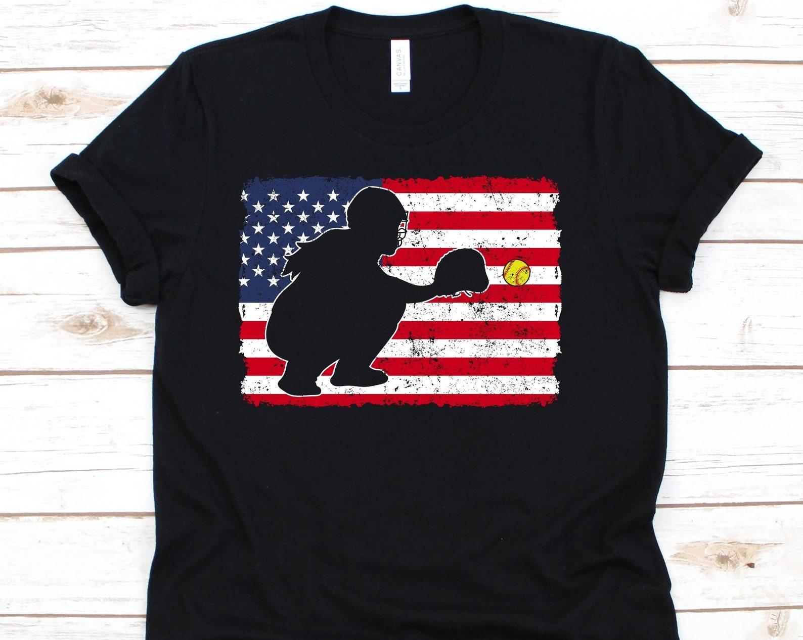 USA Flag Softball Shirt, Softball Catcher, Funny Gift For Softball Players, Baseball Lover Tshirt, Softball Flag Team Tshirt, Baseball Shirt S