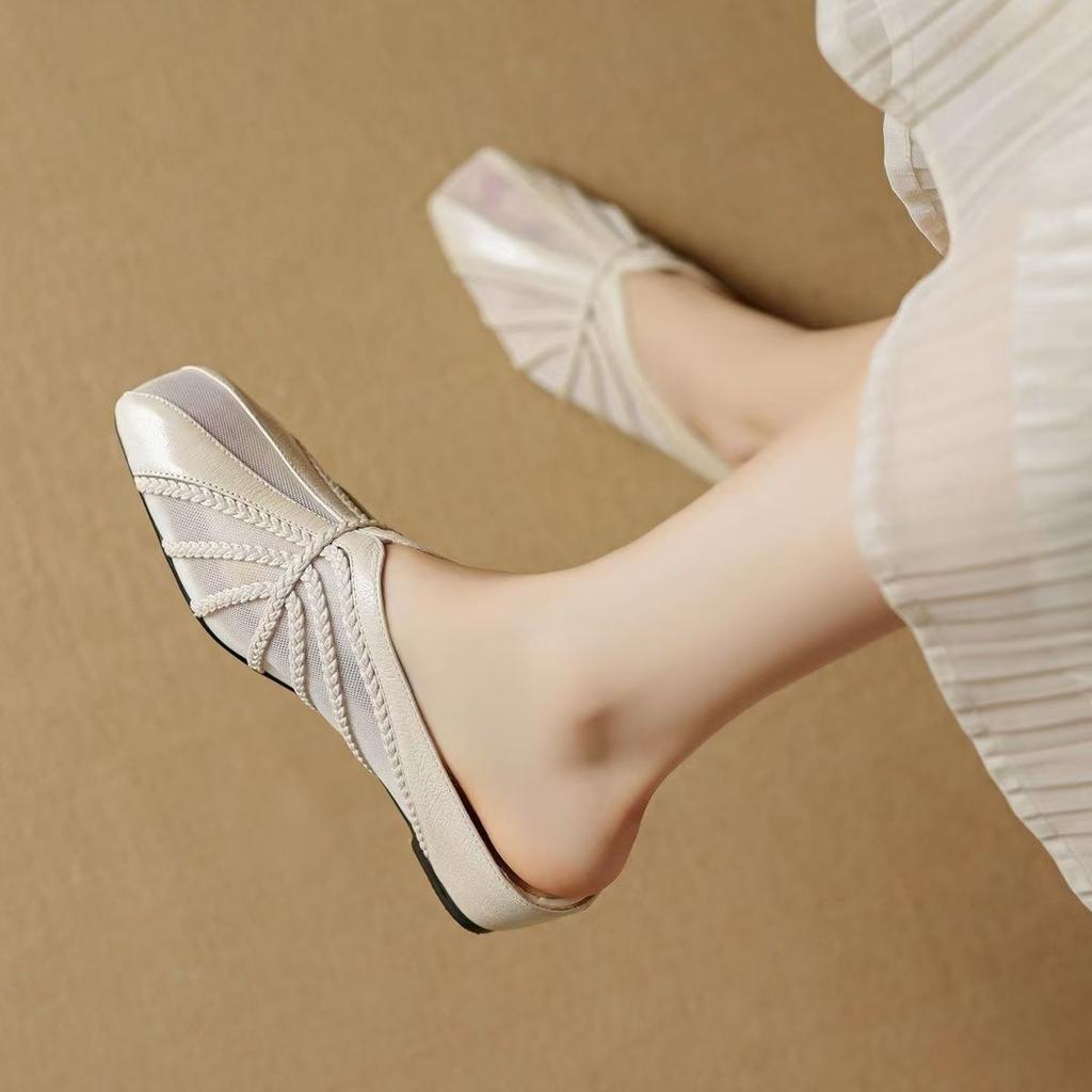 French Light Luxury Mesh Yarn Breathable Bag Head Half Slippers Women's 2025 New New Chinese Square Head Inner Height Increase Medium Heel Sandals