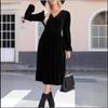 Abito Midi da Donna Monocolore a Maniche Lunghe con Scollo a V e Pieghe in Vita Alta