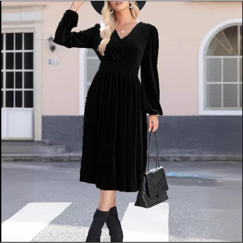 Abito Midi da Donna Monocolore a Maniche Lunghe con Scollo a V e Pieghe in Vita Alta