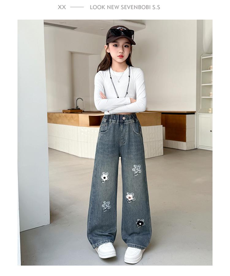 Autumn 2025 Girls' Wide Leg Jeans with 3D Flowers - Fashionable High Waist Straight Leg Pants for Kids