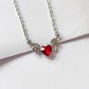 Charm Gotisch Silber Farbe Teufelsflügel Fledermausflügel Rotes Herzförmiges Glas Kristall Anhänger Halskette für Frauen Halloween Schmuck
