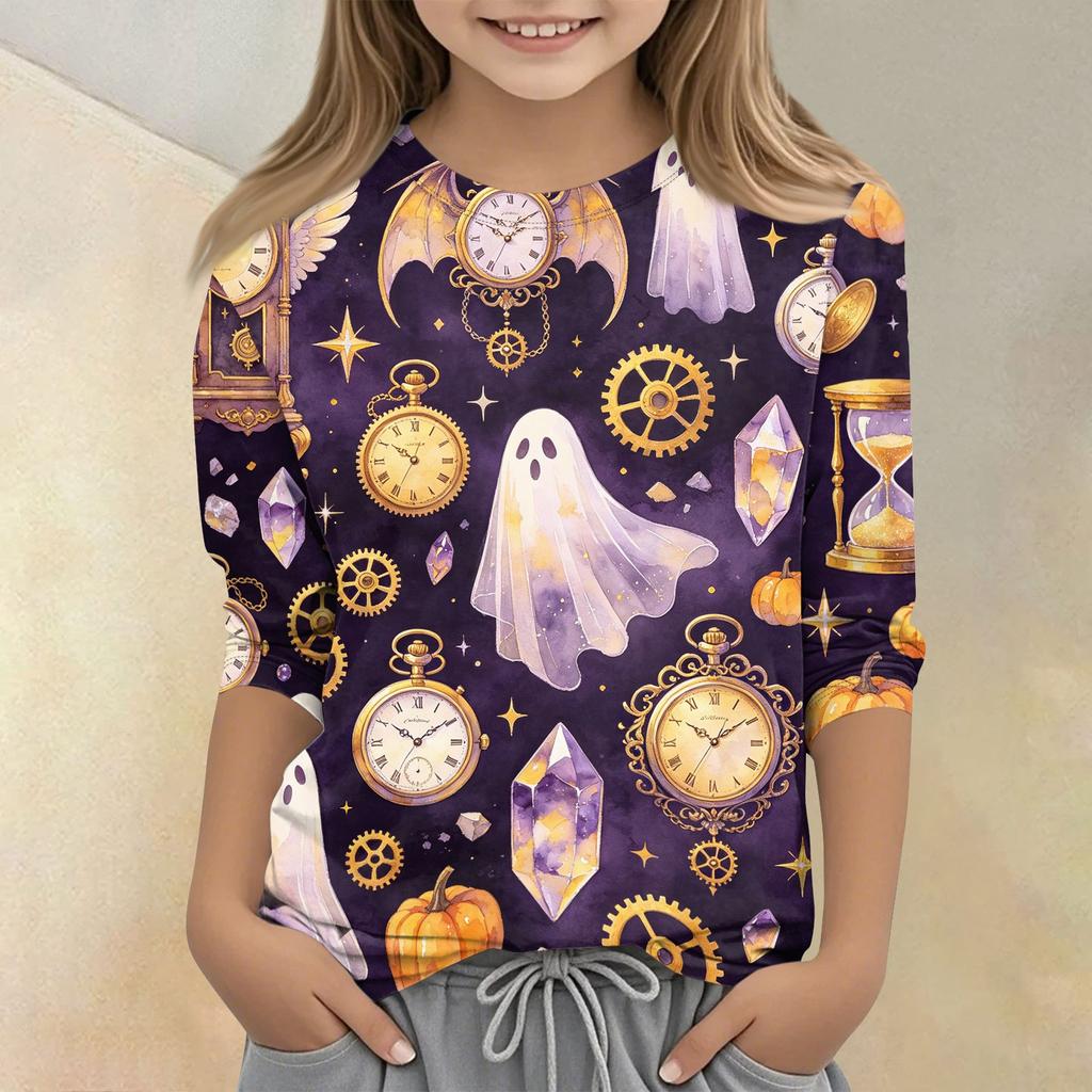Kids Halloween Print Crew Neck Three Quarter Sleeve Casual T Shirt Top for Boys and Girls Soft Comfortable Fabric Suitable for Everyday Wear