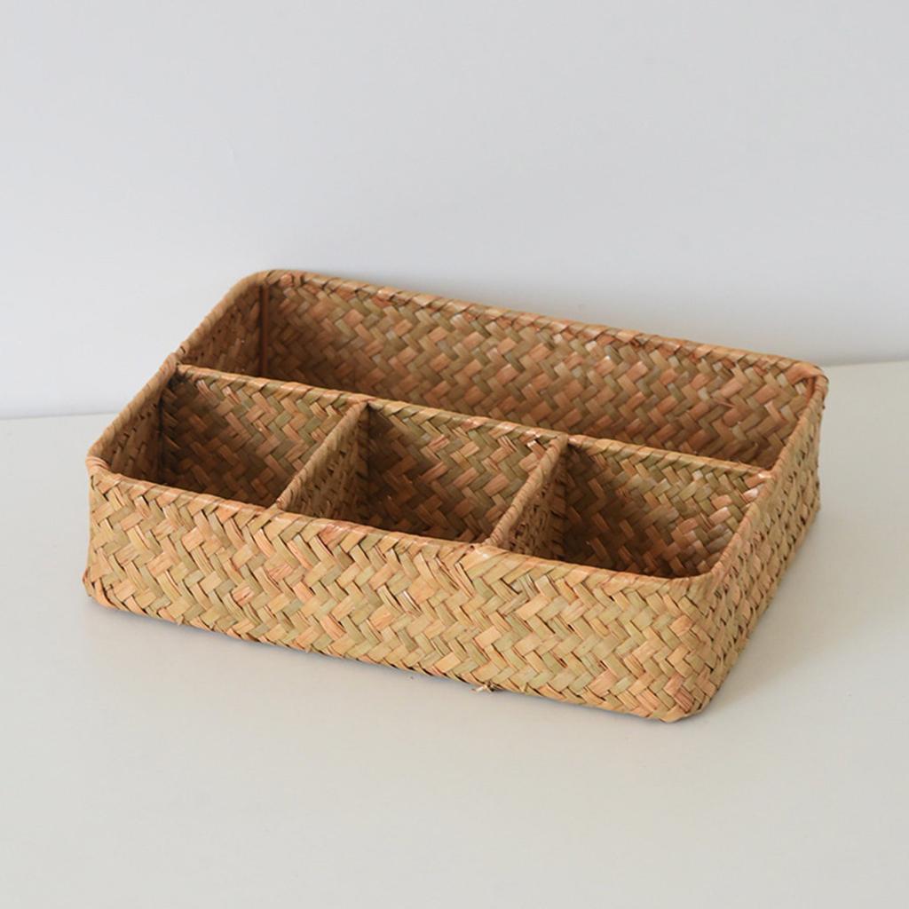 Rural Type Divided Straw Woven Basket Airy Storage Organized Ideal For Dry Food Home Ornament