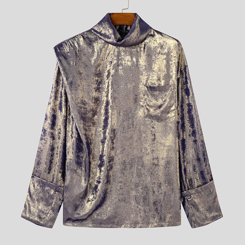 

INCERUN свободные мужские топы с высоким воротом и длинным рукавом с блестками повседневные футболки L серебряный