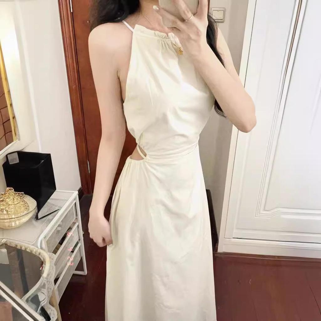 Elegant French Niche Backless Halter Strap Hollow Sleeveless Tie Long Dress