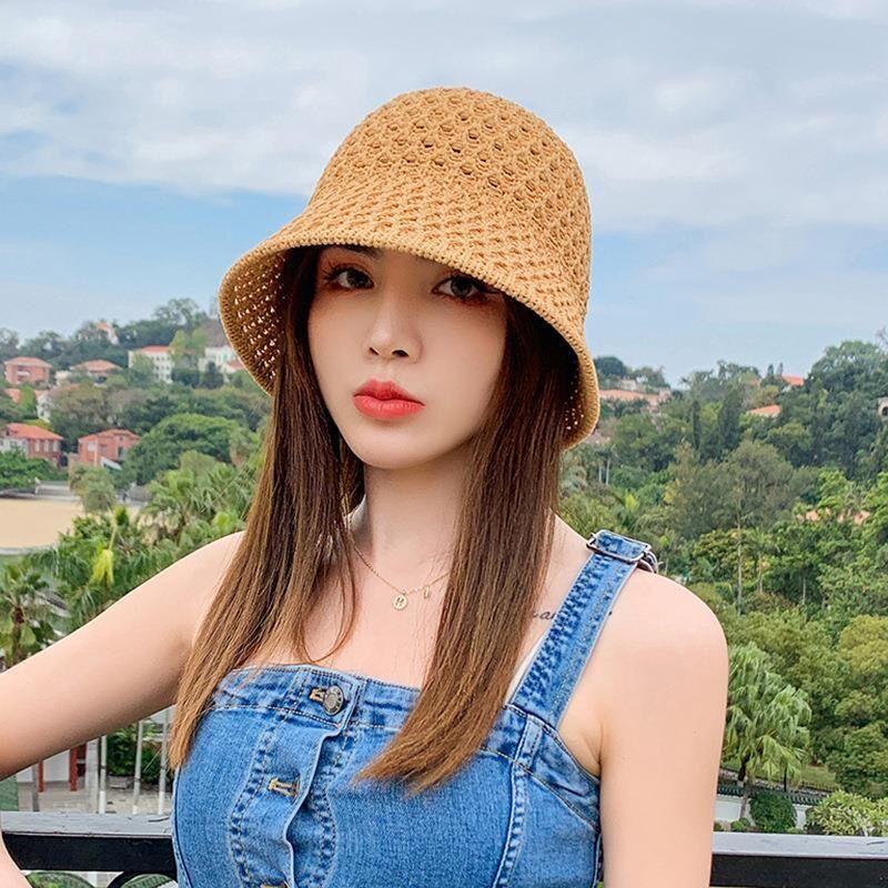 New Summer Handmade Hollow Knitted Crochet Floppy Hats Collapsible Dome Bucket Hat Solid Color Beach Caps Simple Soft Women Hat