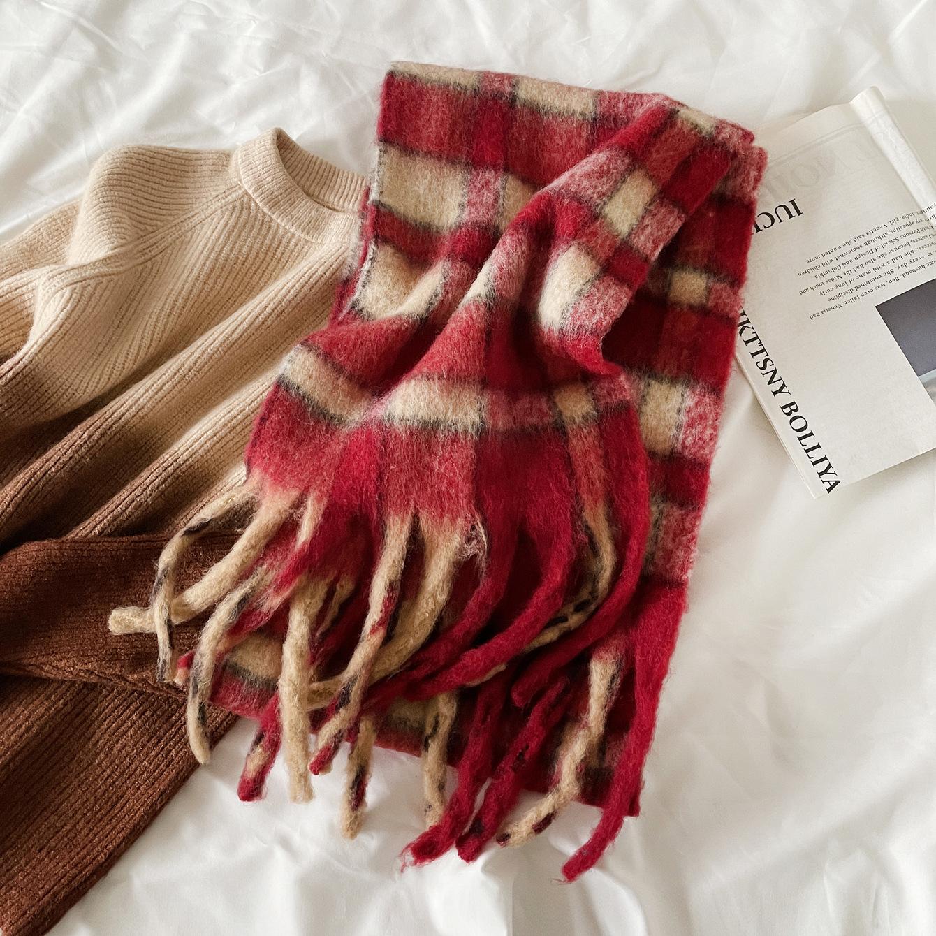 

Мохеровый шарф для девочек, утолщенный теплый шарф с бахромой, зимняя шерстяная шаль, новый клетчатый 230*30