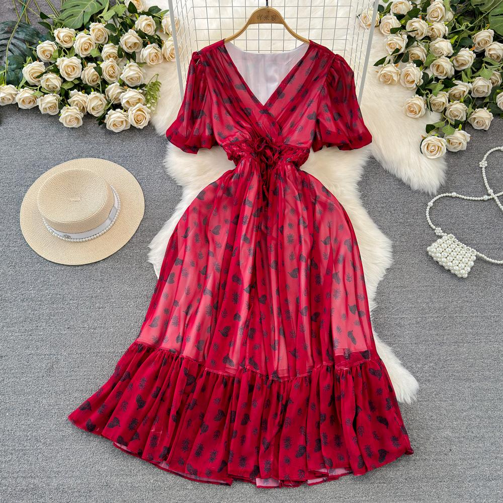 Fashion Dress for Women V Neck A-line Flounced Edge Printing Chiffon Vestidos Lace-up Folds Lining Dresses Summer