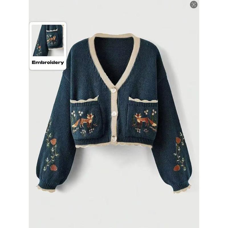 2025 Women's Cardigan Floral Embroidery Cottage Core Boho Cardigan Vintage Western Crop Sweaters Autumn Outerwear