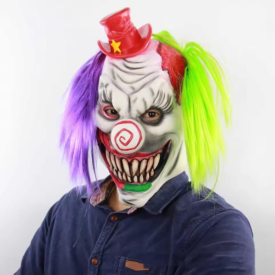Scary Clown Mask with Purple Green Hair Horror Smile Face Mask Creepy Clown Costume Halloween Huanted House Prop