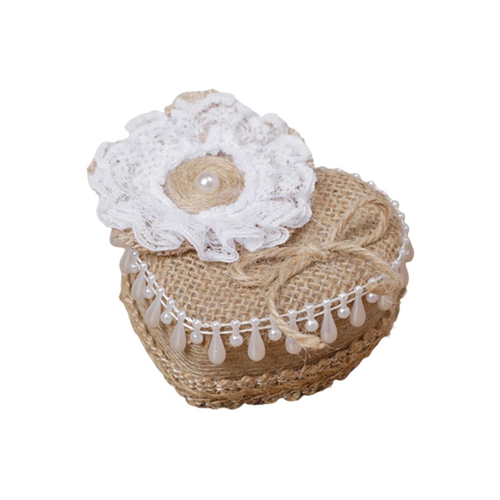 Heart-shape Linen Ring Box Jewelry Case Valentine's Day Vintage Country Wed Pastoral Ceremony Natural Ring Setting Storage Box