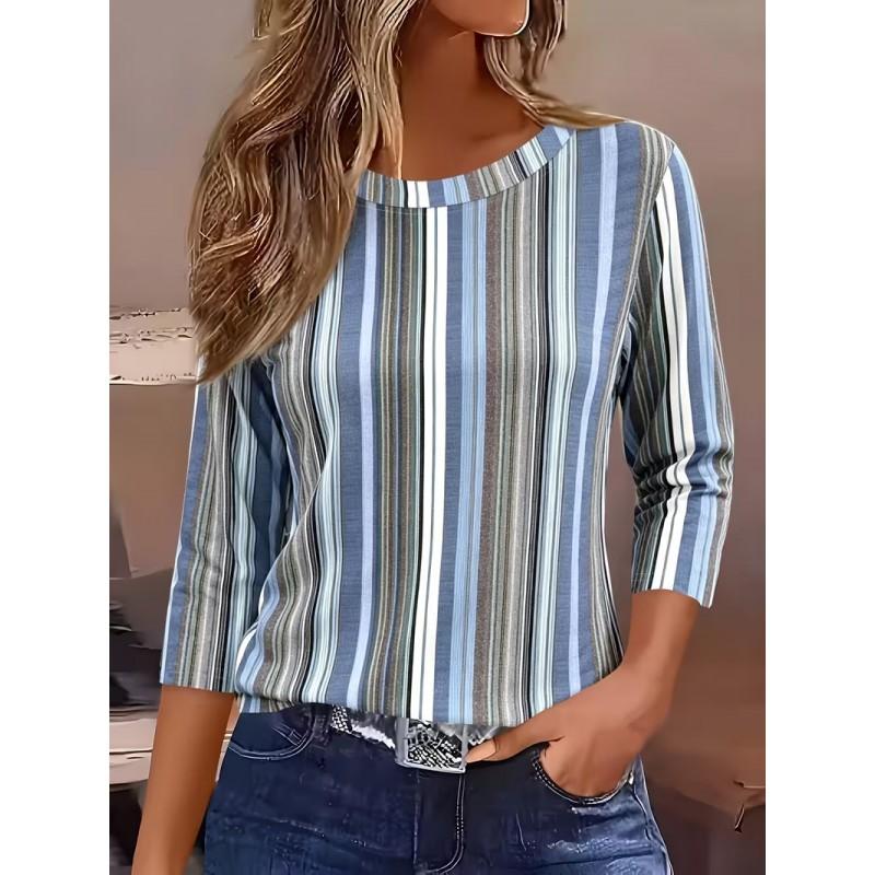 Color Block Striped Crew Neck Long Sleeve T-Shirt Slim Fit Casual Top Daily Wear