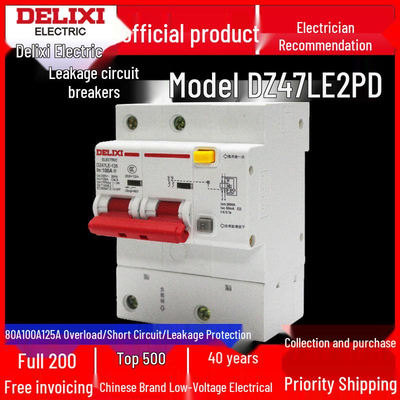 Delixi DZ47LE-125 2P Circuit Breaker with Leakage Protection for High Power Household Use
