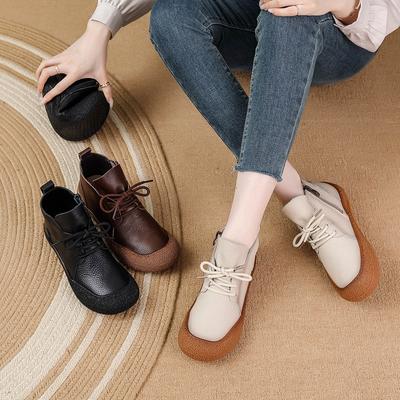 New Genuine Leather Boots Woman Tied Up Flats Orthopedic Shoes Women's Waterproof Booties Lady Soft Flat Heel Chesea Ankle Boots