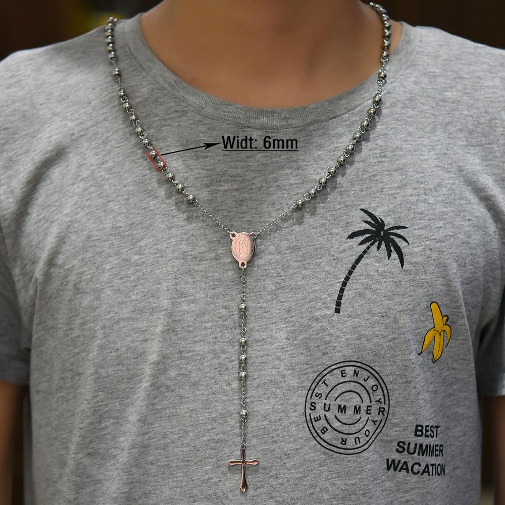 Edelstahl Rosenkranz Halskette für Männer Frauen Religiös Kugelkette Christliches Münz Kreuz Anhänger Jesus Schmuck Zubehör