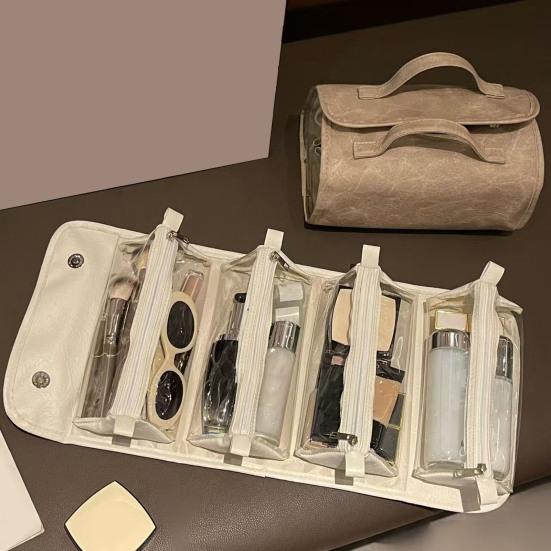 Roll-up Makeup Bag Travel Cosmetic Bag with 4 Detachable Clear Organizer for Women Pouches Folding Toiletry