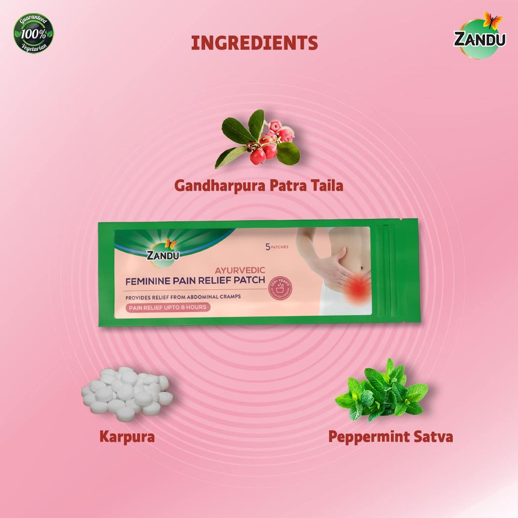Zandu Ayurvedic Feminine Pain Relief Patches For Abdominal And Lower Back Comfort Easy Apply Portable Relief 5 Patch X Pack Of 5