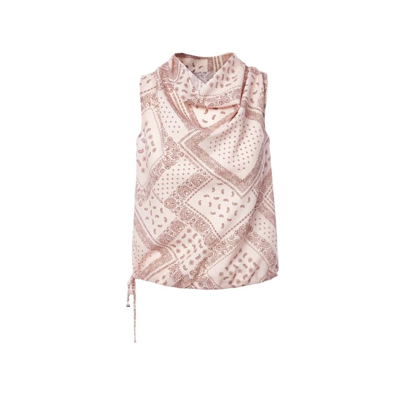 LANGZI Retro Print Drape Neck Sleeveless Top L