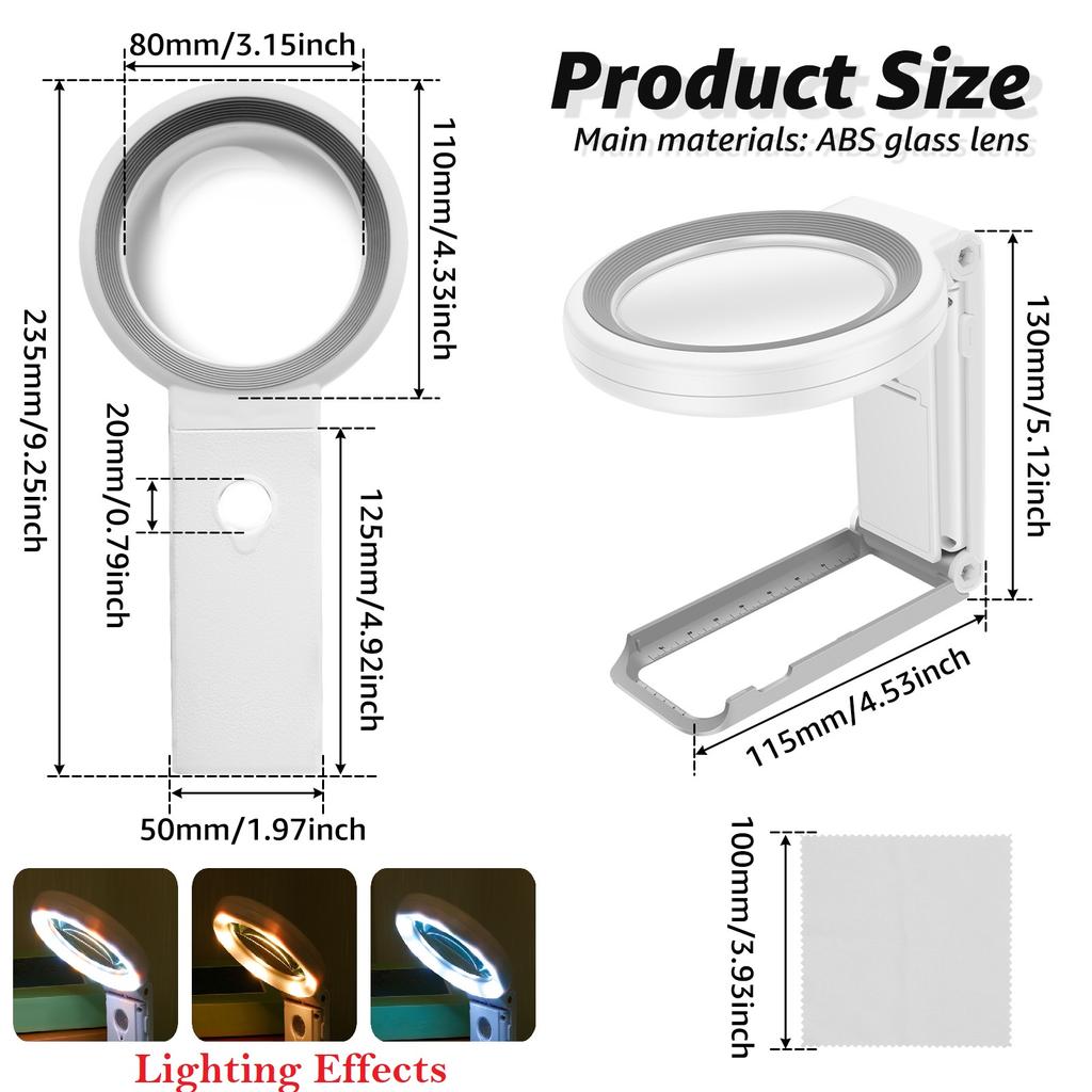 10X 25X/30X Foldable Hand/Standing Magnifier Dimmable 3 Color LED Portable Magnifying Glass for Reading Repairing Sewing Drawing