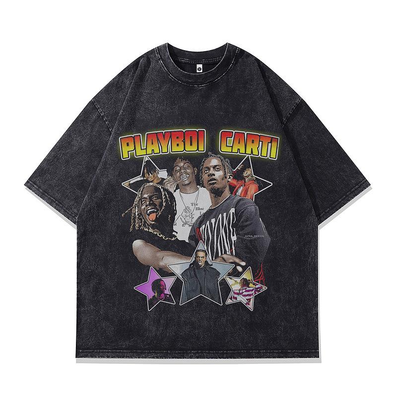Hip Hop Trend Portrait Printing T-Shirt American Retro Trendy Brand Washed Old Casual Short-Sleeved T-Shirt Men