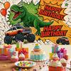 2D plane, "Dinosaur and Monster Truck Birthday Banner" - Dinosaurs and trucks with balloons, durable party backdrop fabric
